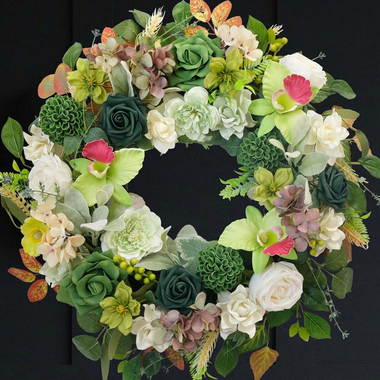 22 Inch Green Orchid Spring Everyday Wreath for Front Door, Indoor Outdoor, Rustic Farmhouse Style, Artificial Flowers and Foliage
